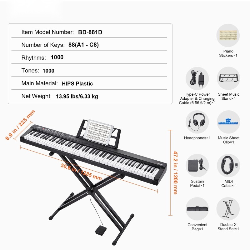 Digitaalipiano 88 kosketinta puolipainotetut koskettimet sisäänrakennetut kaiuttimet säädettävä teline Bluetooth USB