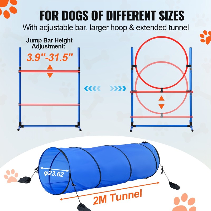 Koiran agility-setti PVC-muovinen 5-osainen säädettävät hyppyesteet 6 pujottelukeppiä tunneli