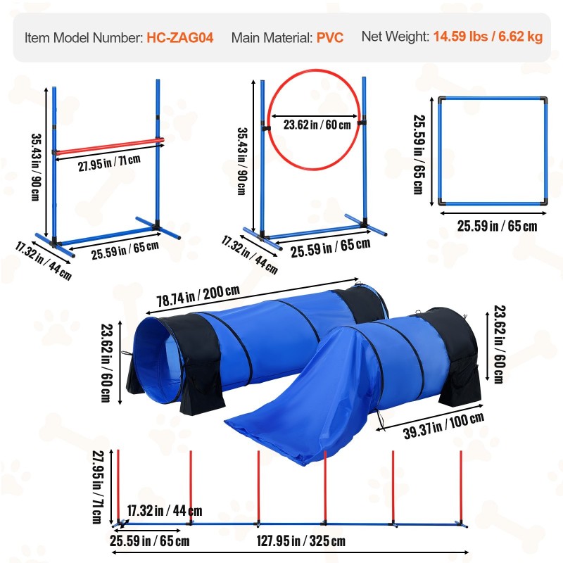 Koirien agilityharjoittelusetti muovia seitsemän osaa kuusi pujottelukeppiä kaksi tunnelia