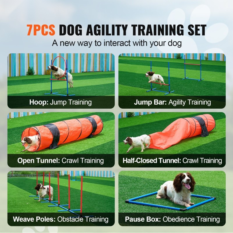 Koiran agilitysetti 7-osainen PVC säädettävät esteet 6 pujottelukeppiä 2 tunnelia 3 kantolaukkua