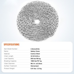 Kelaketju hiiliteräs galvanoitu 3,5 mm 10,05 m 158 kg 2 pikalukkoa