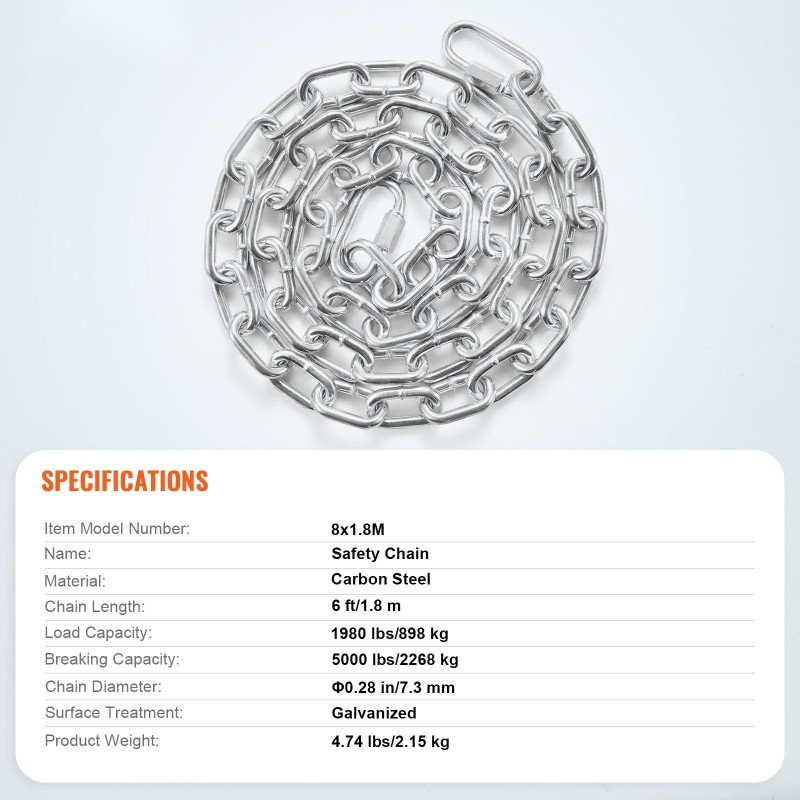 Coil-ketju sinkitty hiiliteräs 1,8 m 7,3 mm 898 kg kahdella pikalukolla