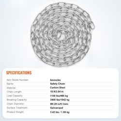 Sähkösinkitty hiiliteräsketju 3,04 m 5,1 mm 498 kg käyttömurtokuorma kaksi pikalukkoa