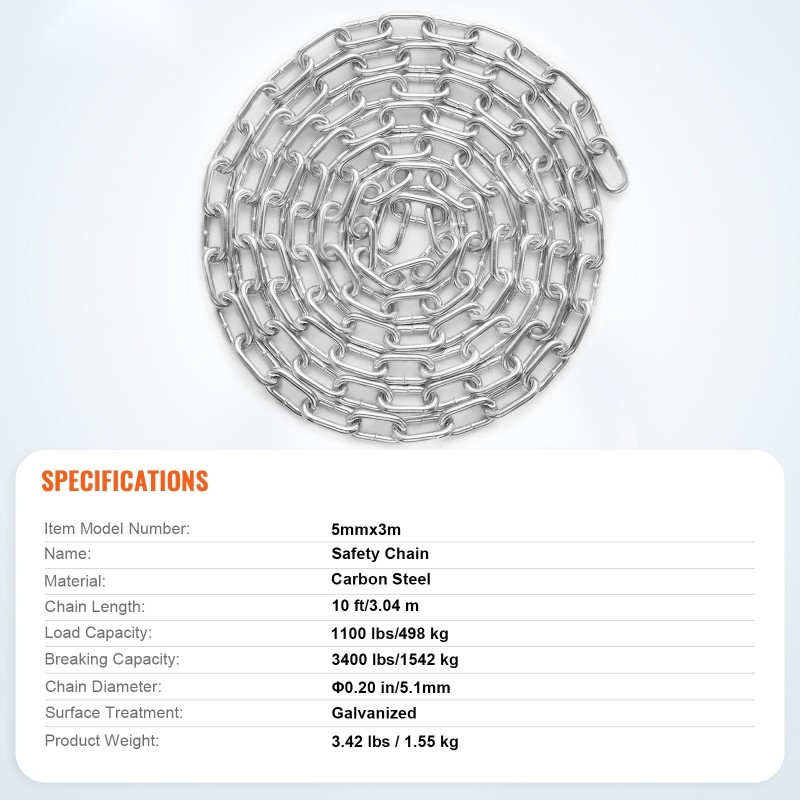 Sähkösinkitty hiiliteräsketju 3,04 m 5,1 mm 498 kg käyttömurtokuorma kaksi pikalukkoa