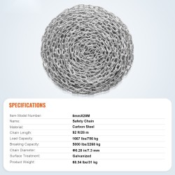 Galvanoitu hiiliteräsketju 8 mm 28 m 756 kg kantavuus kaksi pikalukkoa