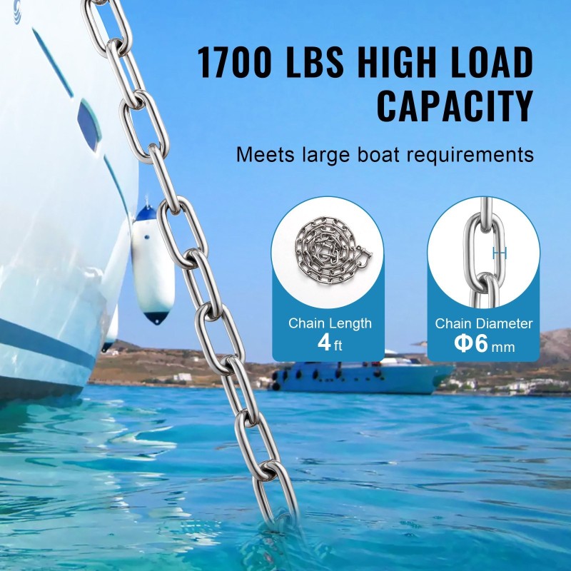 Veneen ankkuriketju 316 ruostumaton teräs 6 mm 1,2 m 771 kg työkuorma