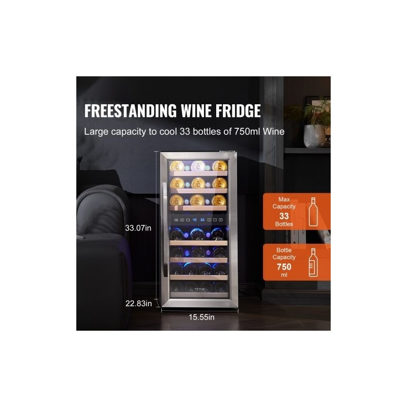 Vapaasti seisova viinikaappi 33 pullon kaksoisalueinen lämpötilansäätö karkaistu lasi kosketusnäyttö