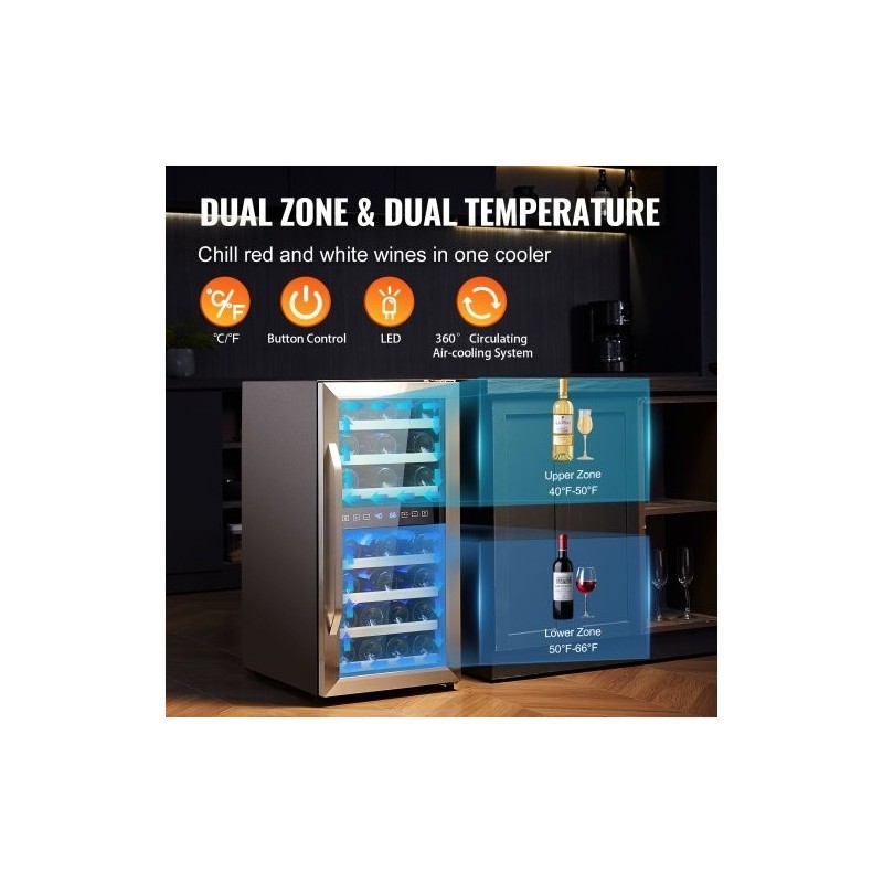 Vapaasti seisova viinikaappi 33 pullon kaksoisalueinen lämpötilansäätö karkaistu lasi kosketusnäyttö