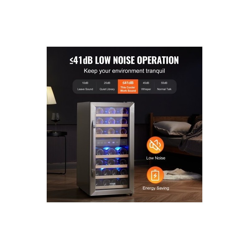 Vapaasti seisova viinikaappi 33 pullon kaksoisalueinen lämpötilansäätö karkaistu lasi kosketusnäyttö