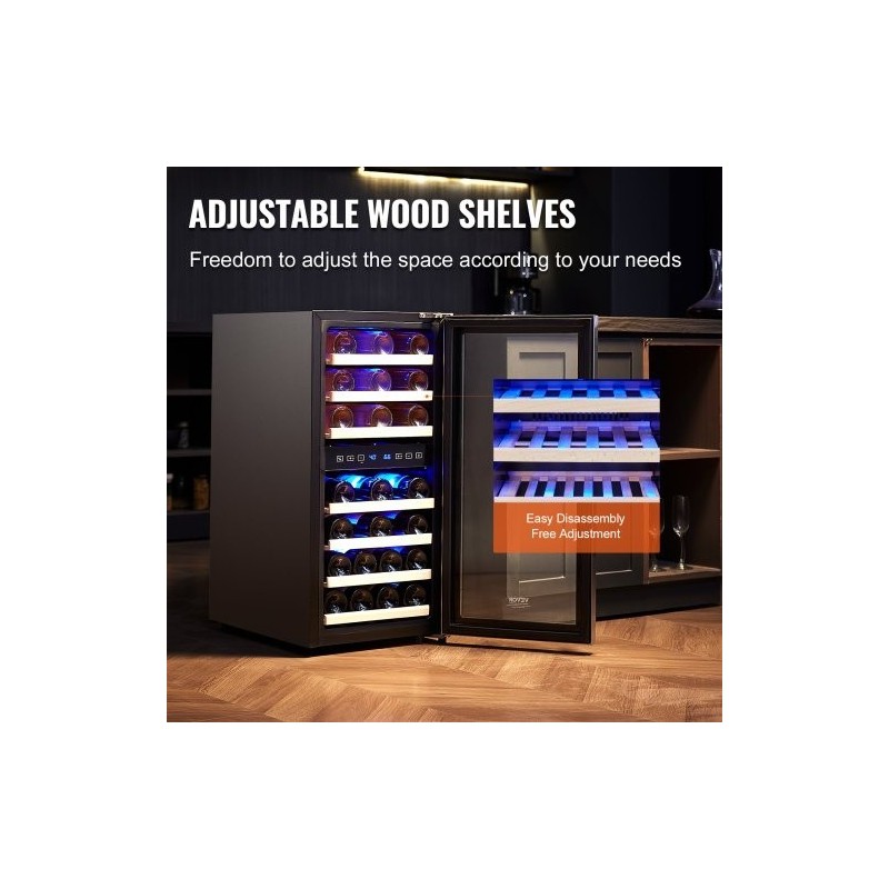 Vapaasti seisova viinikaappi 33 pullon kaksoisalueinen lämpötilansäätö karkaistu lasi kosketusnäyttö