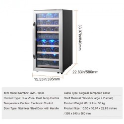 Vapaasti seisova viinikaappi 33 pullon kaksoisalueinen lämpötilansäätö karkaistu lasi kosketusnäyttö