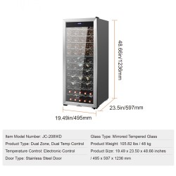 Vapaasti seisova kaksialueinen viinikaappi kahdeksankymmentä pulloa peililasiovella UV-suojalla puuhyllyillä