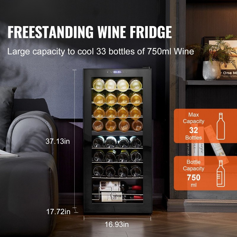 Viinikaappi kaksivyöhykkeinen vapaasti seisova 32 pullolle elektroninen ohjaus karkaistu lasi UV-suojattu