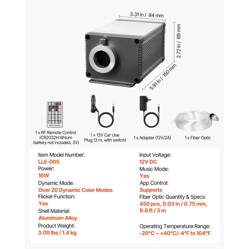 Kuituoptinen tähtikatto 450 kuitua 0,76 mm 3 m 16W RGBW-valomoottori Bluetooth-ohjaus
