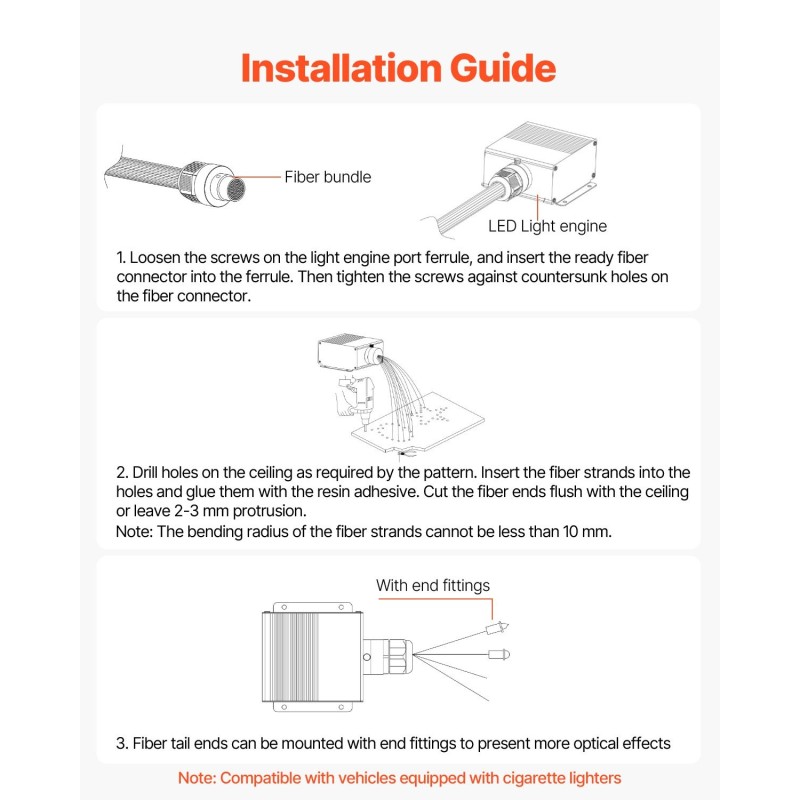 Kuituoptinen tähtitaivasvalaistussarja 900 kpl 3 m 0,76 mm monivärinen valomoottori sovellusohjaus