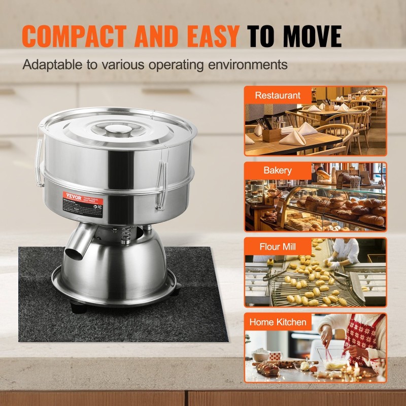 Pöytämallinen sähköinen tärisevä siivilä ruostumattomasta teräksestä verkkokoot neljäkymmentä ja kuusikymmentä jauhoille