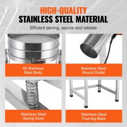 Väriseula ruostumattomasta teräksestä 40- ja 100-verkoilla 25 W jalustolla pyörillä