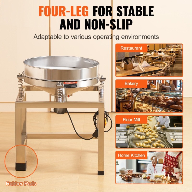 Väriseula ruostumattomasta teräksestä 40- ja 100-verkoilla 25 W jalustolla pyörillä