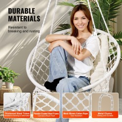 Riippuva makramee keinutuoli puuvillaköysi teräsrunko sataviisikymmentä kilogrammaa kantava istuintyyny ripustustarvikkeet