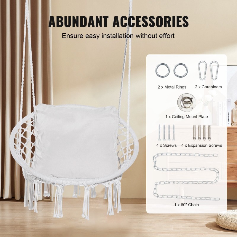 Riippuva makramee keinutuoli puuvillaköysi teräsrunko sataviisikymmentä kilogrammaa kantava istuintyyny ripustustarvikkeet