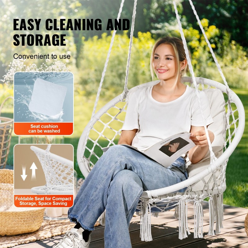 Riippuva makramee keinutuoli puuvillaköysi teräsrunko sataviisikymmentä kilogrammaa kantava istuintyyny ripustustarvikkeet