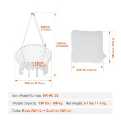 Riippuva makramee keinutuoli puuvillaköysi teräsrunko sataviisikymmentä kilogrammaa kantava istuintyyny ripustustarvikkeet