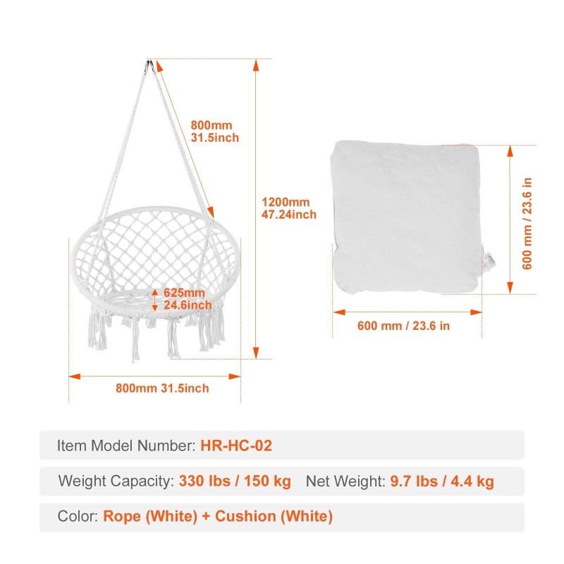Riippuva makramee keinutuoli puuvillaköysi teräsrunko sataviisikymmentä kilogrammaa kantava istuintyyny ripustustarvikkeet