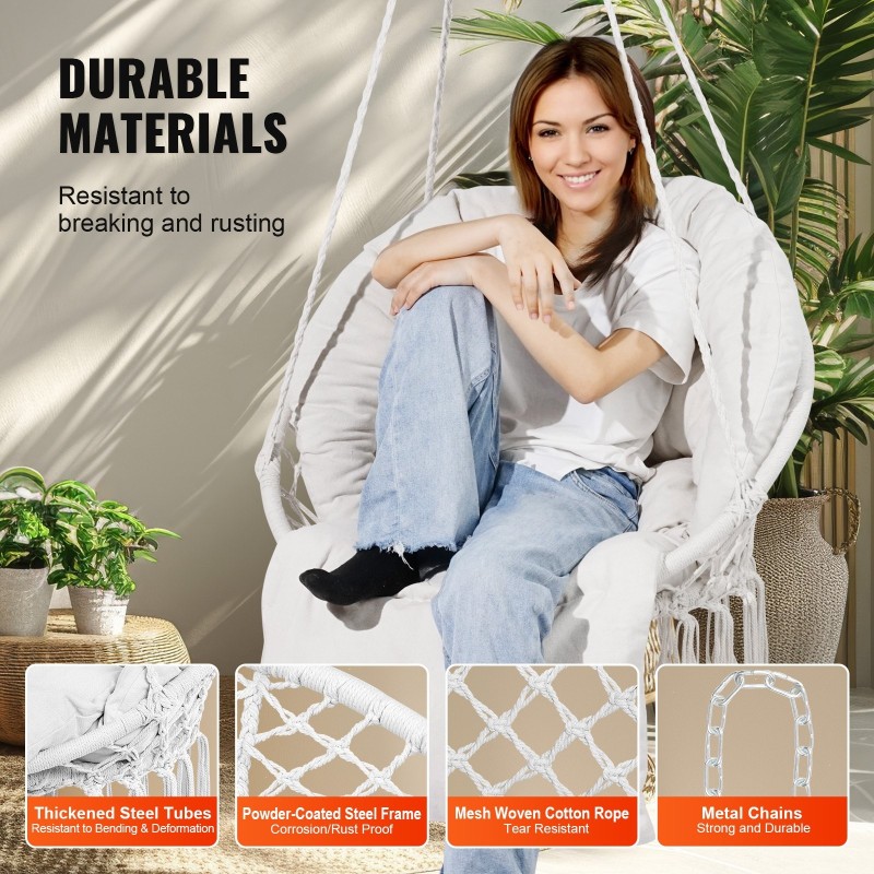 Riipputuoli makramee puuvillaköydellä teräsputkirungolla pehmustettu istuintyyny 150 kg kantavuus