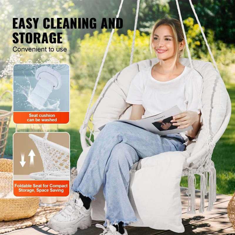 Riipputuoli makramee puuvillaköydellä teräsputkirungolla pehmustettu istuintyyny 150 kg kantavuus