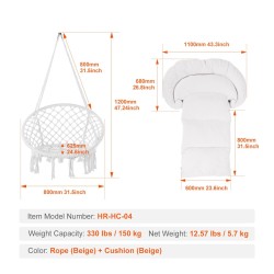 Riipputuoli makramee puuvillaköydellä teräsputkirungolla pehmustettu istuintyyny 150 kg kantavuus