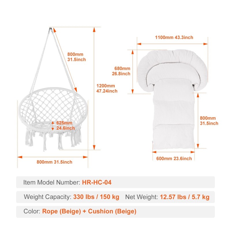 Riipputuoli makramee puuvillaköydellä teräsputkirungolla pehmustettu istuintyyny 150 kg kantavuus