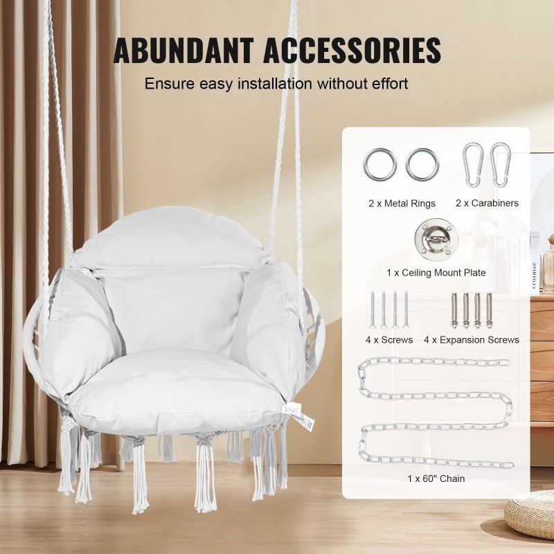 Riippuva makuuskeinutuoli puuvillaköysi teräsrunkoinen kantavuus 120 kilogrammaa tyyny ja kiinnitystarvikkeet valkoinen