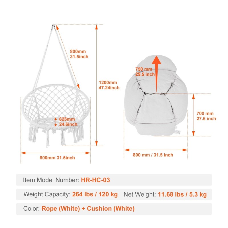 Riippuva makuuskeinutuoli puuvillaköysi teräsrunkoinen kantavuus 120 kilogrammaa tyyny ja kiinnitystarvikkeet valkoinen