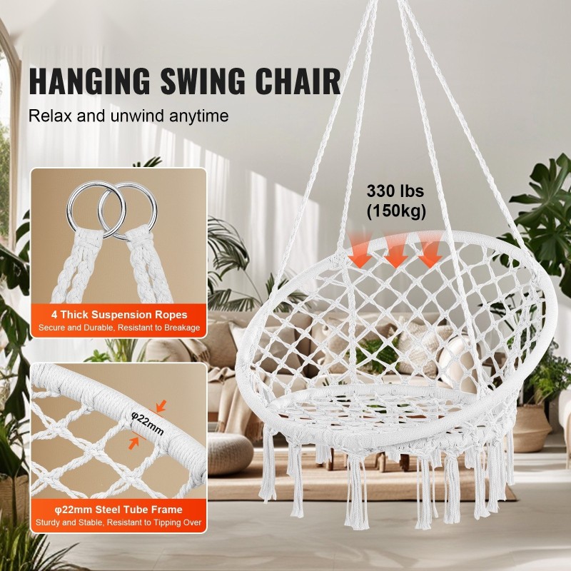 Riippukeinu makramee puuvillaköysi teräsrunko 150 kg kantavuus valkoinen sisä ja ulkokäyttö