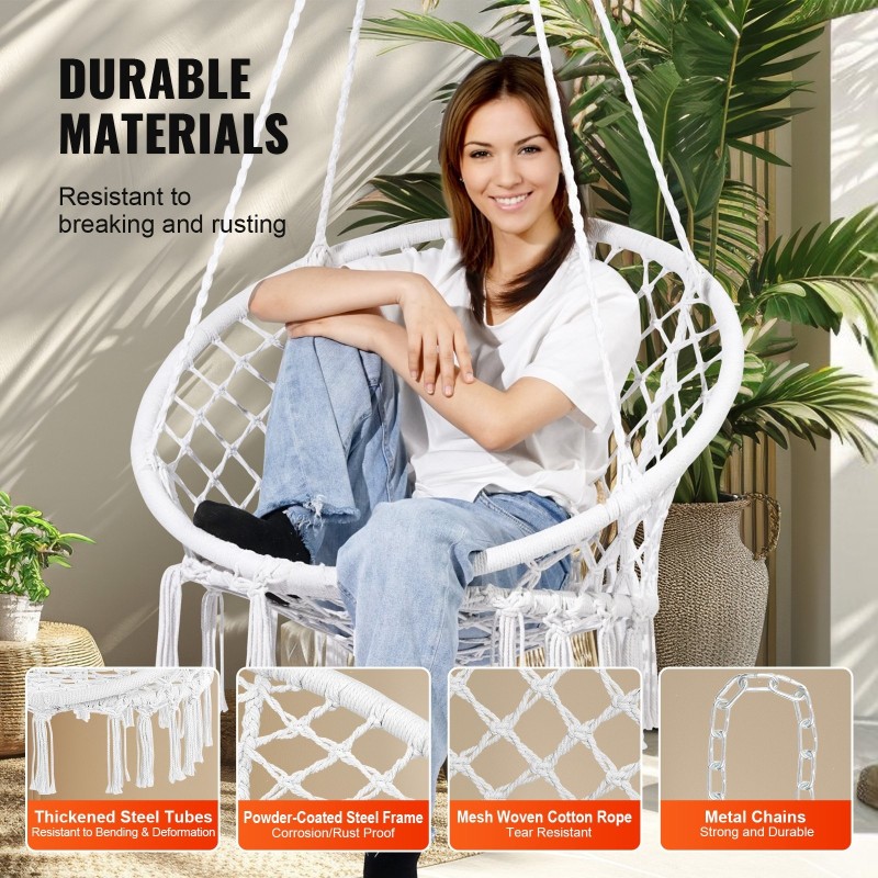 Riippukeinu makramee puuvillaköysi teräsrunko 150 kg kantavuus valkoinen sisä ja ulkokäyttö