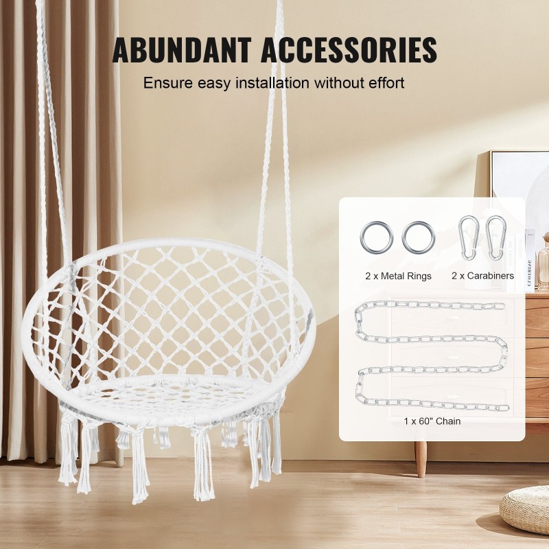 Riippukeinu makramee puuvillaköysi teräsrunko 150 kg kantavuus valkoinen sisä ja ulkokäyttö