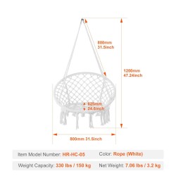 Riippukeinu makramee puuvillaköysi teräsrunko 150 kg kantavuus valkoinen sisä ja ulkokäyttö