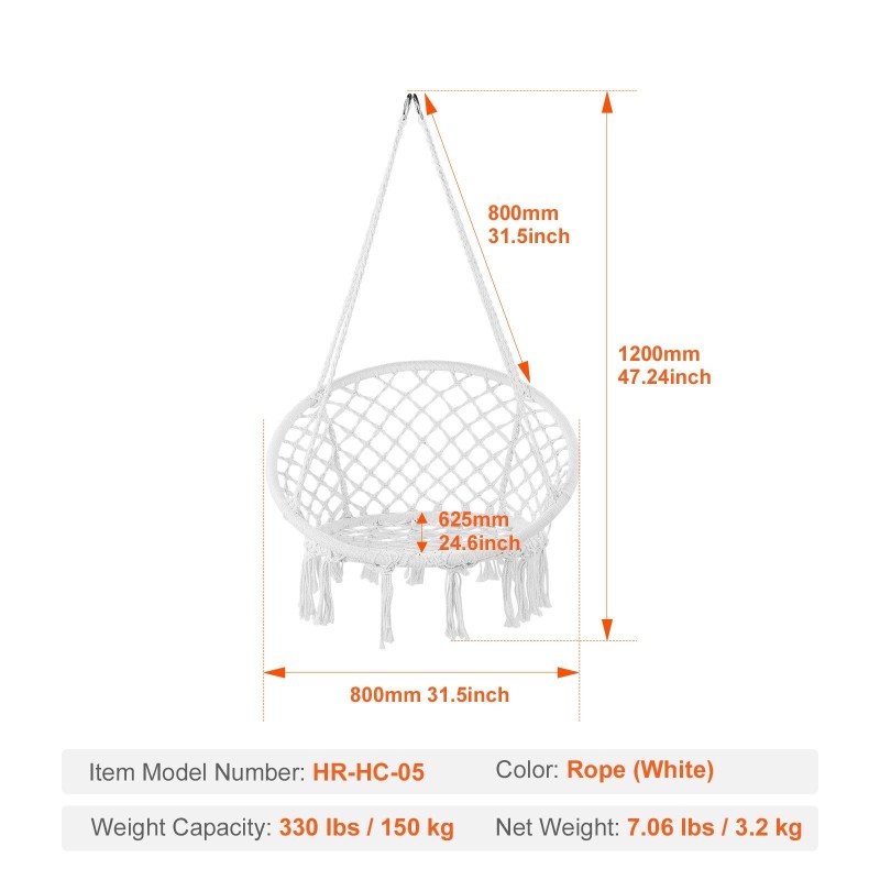Riippukeinu makramee puuvillaköysi teräsrunko 150 kg kantavuus valkoinen sisä ja ulkokäyttö