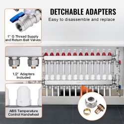 Lattialämmityksen 12-haarainen jakotukki ruostumatonta terästä 1/2-tuuman PEX-putkille