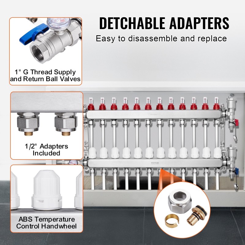 Lattialämmityksen 12-haarainen jakotukki ruostumatonta terästä 1/2-tuuman PEX-putkille