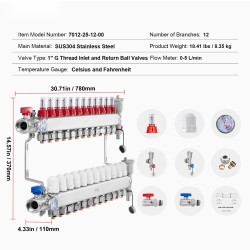 Lattialämmityksen 12-haarainen jakotukki ruostumatonta terästä 1/2-tuuman PEX-putkille