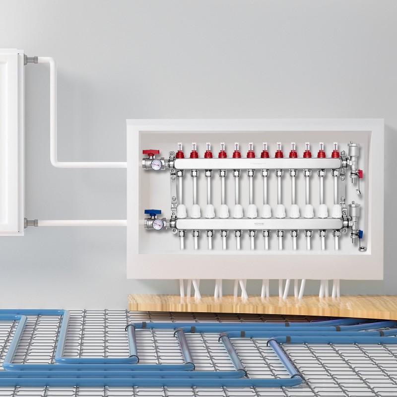 Lattialämmityksen 12-haarainen jakotukki ruostumatonta terästä 1/2-tuuman PEX-putkille