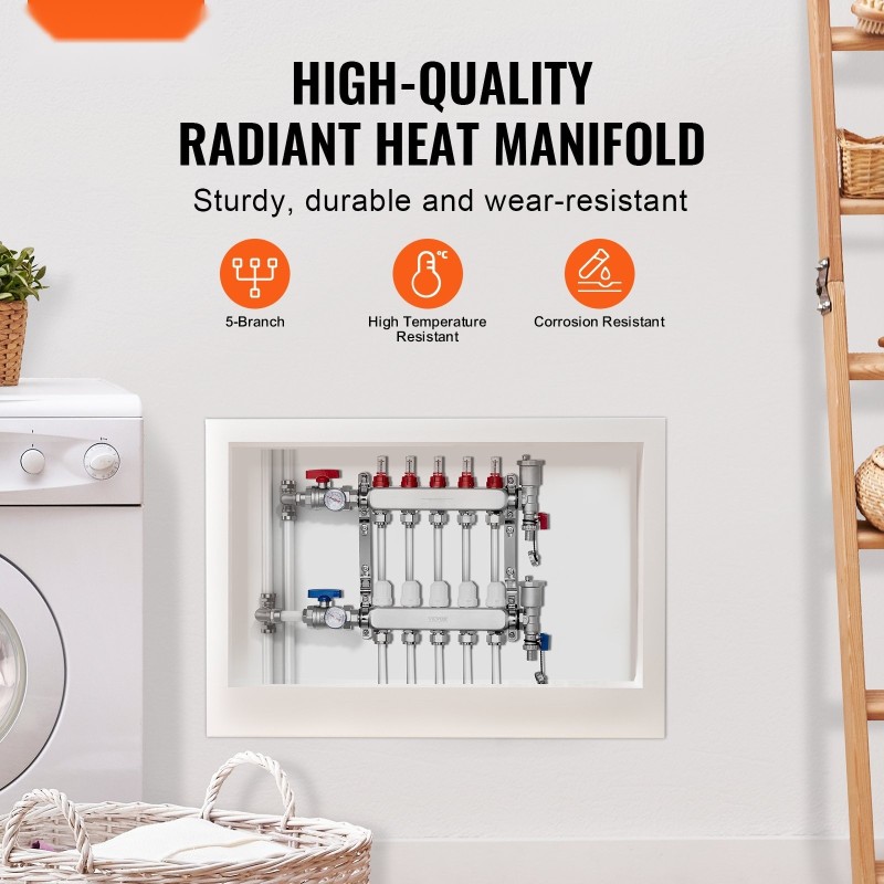 5-haarainen PEX-jakotukki puolen tuuman PEX-putkille ruostumattomasta teräksestä hydroniseen lattialämmitykseen