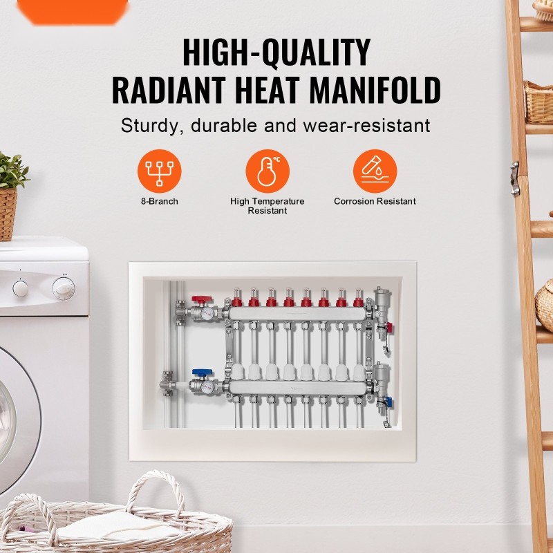 Lattialämmityksen jakotukki 8-haarainen puoli tuuman PEX-putkille ruostumatonta terästä virtausmittareilla