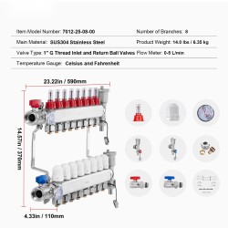 Lattialämmityksen jakotukki 8-haarainen puoli tuuman PEX-putkille ruostumatonta terästä virtausmittareilla