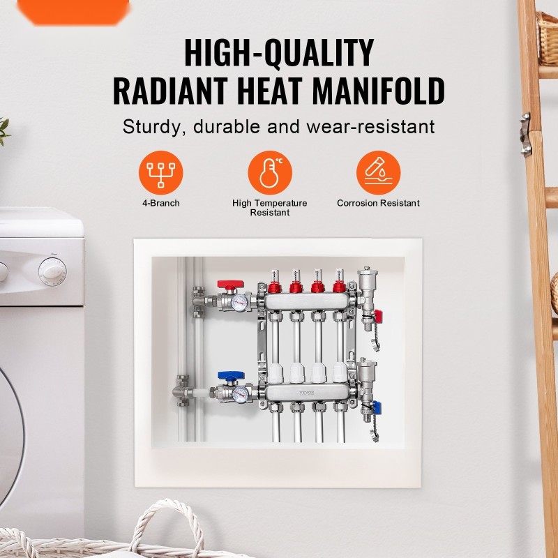 Lattialämmityksen jakotukki 4-haarainen ruostumaton teräs puolituuman PEX-putkille