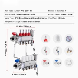 Lattialämmityksen jakotukki 4-haarainen ruostumaton teräs puolituuman PEX-putkille