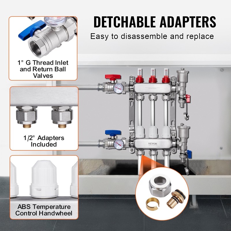 Jakotukki 3-haarainen SUS304-ruostumaton teräs 1/2 tuuman PEX-putkille ja sovittimet lattialämmitykseen
