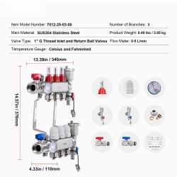 Jakotukki 3-haarainen SUS304-ruostumaton teräs 1/2 tuuman PEX-putkille ja sovittimet lattialämmitykseen