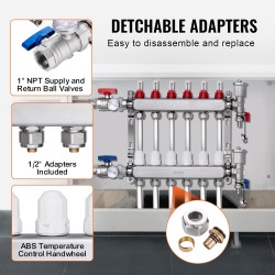 6-haarainen lattialämmityksen jakotukki ruostumaton teräs puolen tuuman PEX-putkille sisältää adapterit